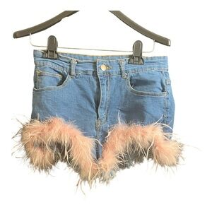 Daisy Dukes Denim Shorts with Pink Feather Trim